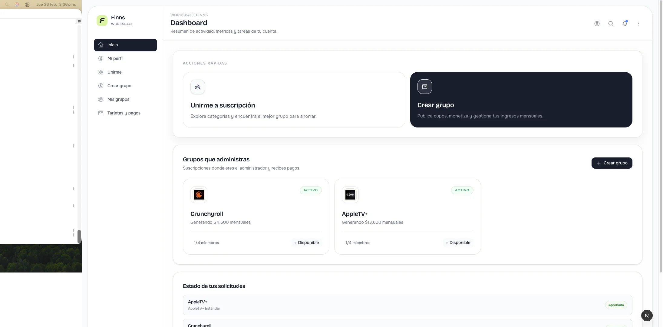 Vista de dashboard estilo Finns